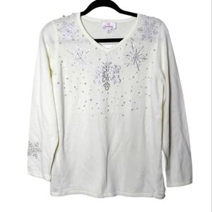 Quacker Factory Snowflake Sweater Rhinestones Pearls Size XS NWT